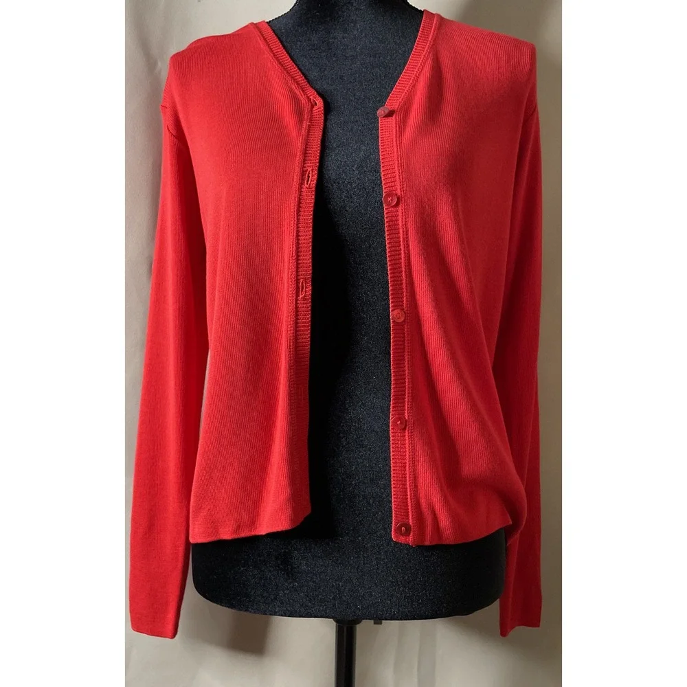 Linda Allard Ellen Tracy Womens PM Cardigan Red Viscose V Neck‎ Button Front USA